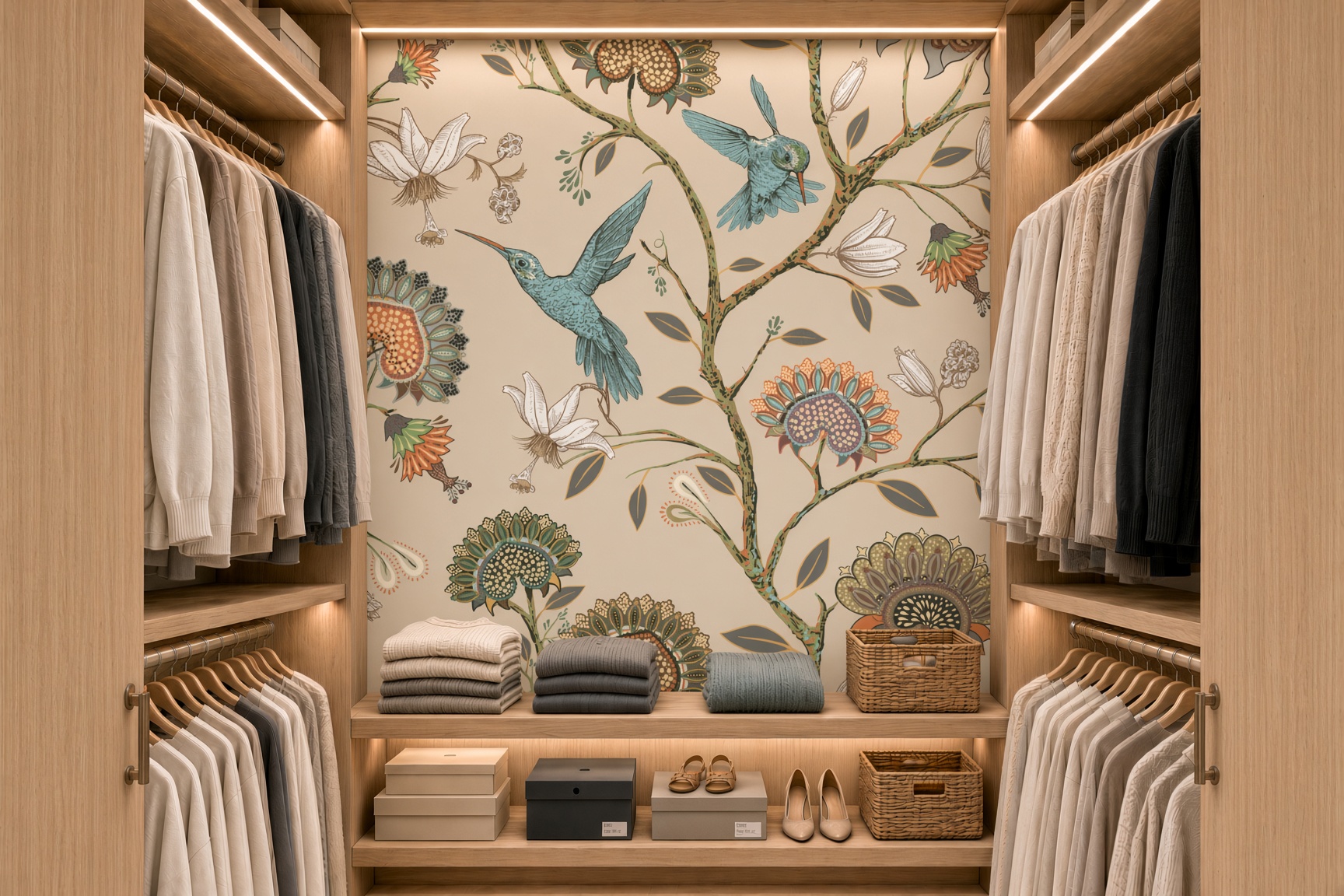 Wardrobe with a floral hummingbird wallpaper feature wall