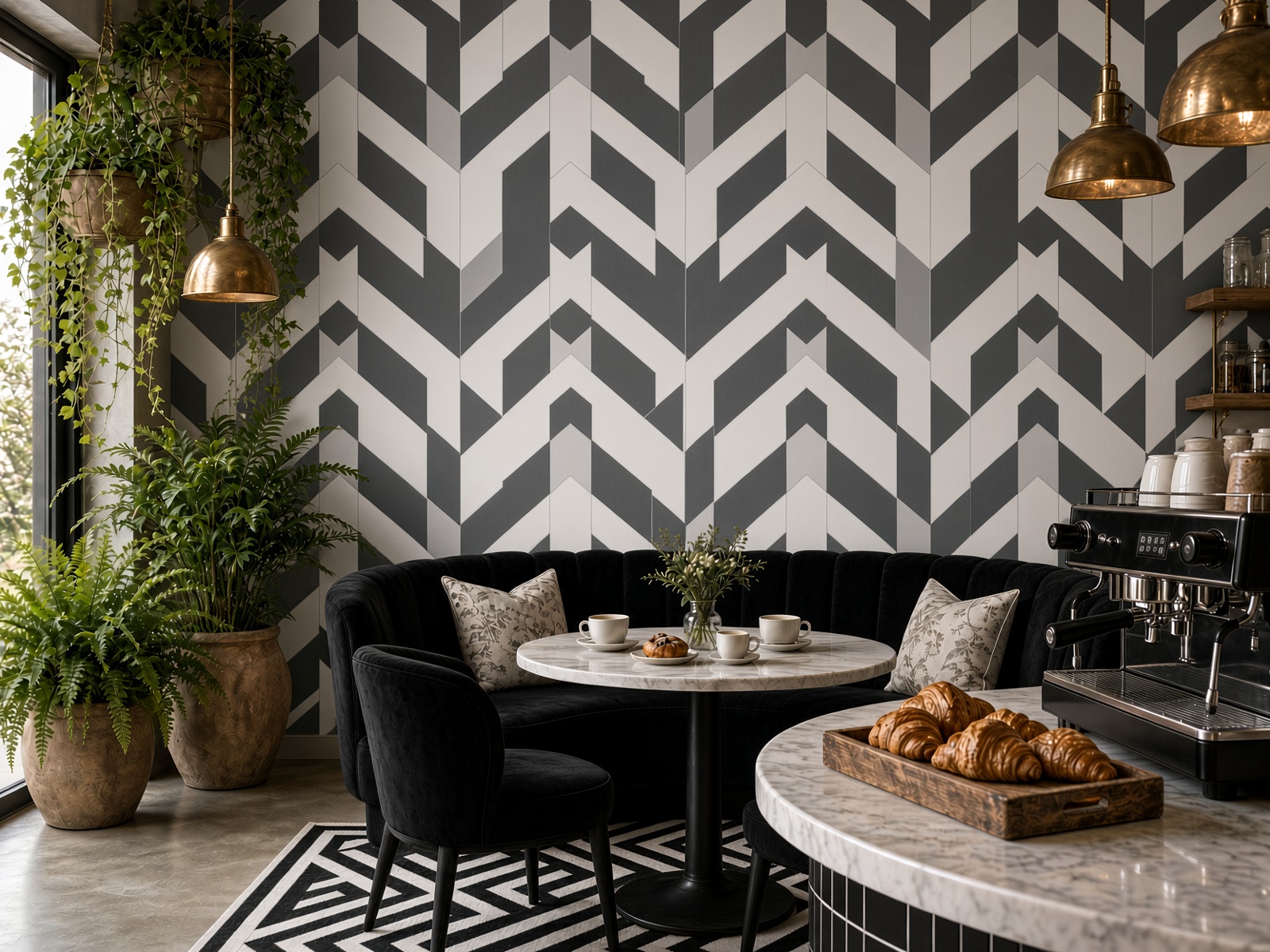 Bespoke chevron wallcovering in a contemporary café interior
